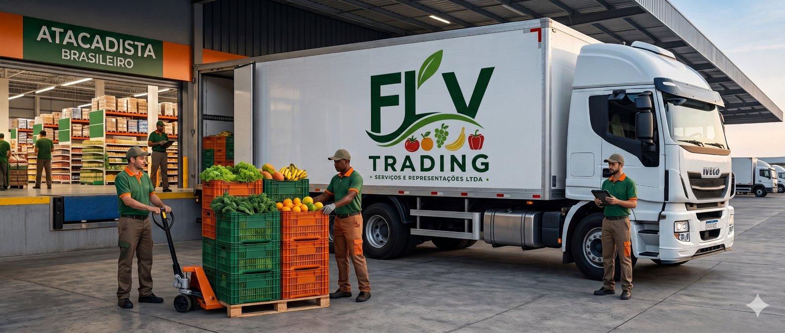 Caminhão FLV Trading abastecendo supermercado com carga de FLV